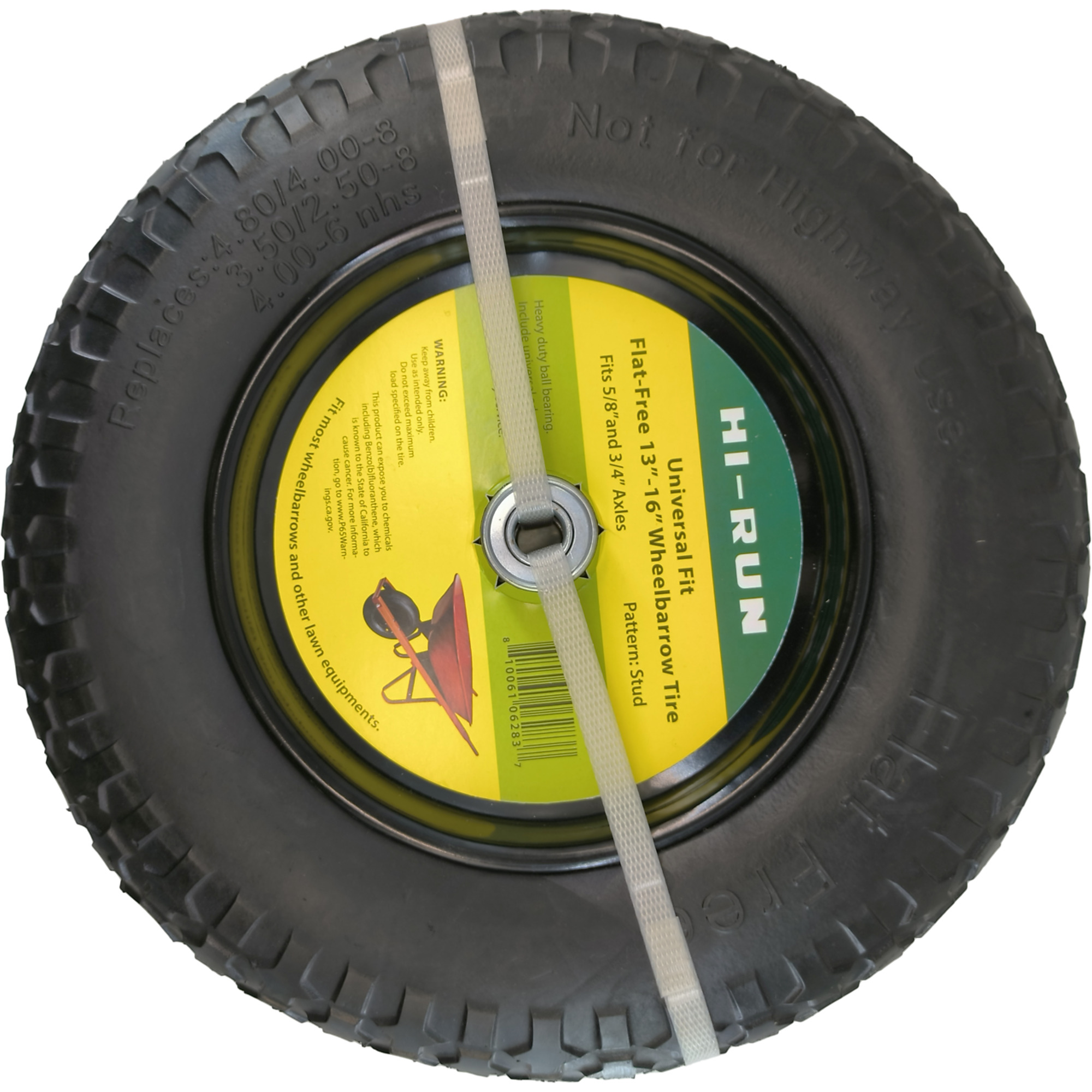 HI-RUN, Universal Fit Flat Free 13in.-16in. Wheelbarrow Tire, Tire Diameter 14.6 in, Model# SNPT1007